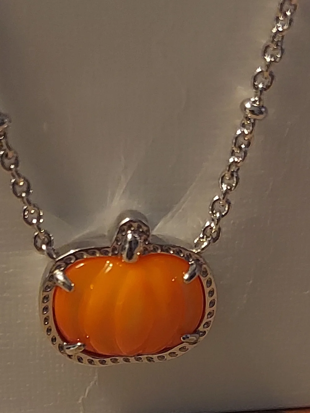 Kendra Scott Silver Necklace with Bright Orange Pumpkin Pendant